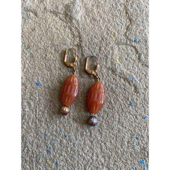 Vintage Earrings Dangle Copper Glass Orange Stone 1.75 Inches Beaded - Picture 1 of 4